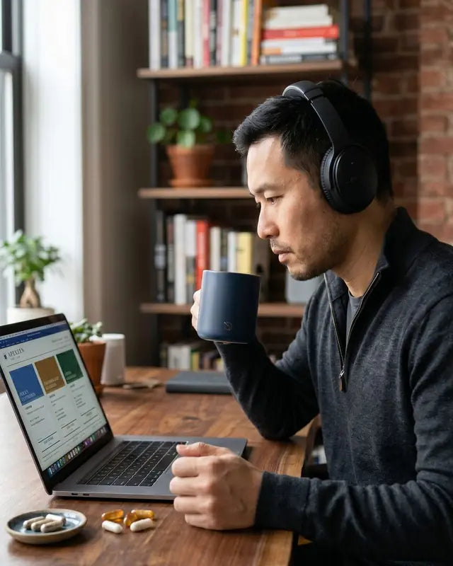 A man working with headphones at a wooden desk
